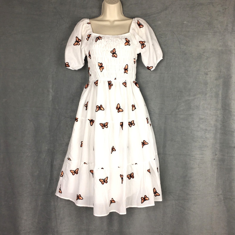 New Kindred Midi Dress Babydoll Womens S White Embroidery Butterfly Cotton‎